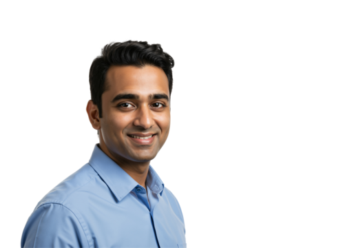 Portrait of a young Indian man smiling confidently. Handsome South Asian male professional in a blue shirt, isolated on a transparent background with copy space. - Powered by Adobe