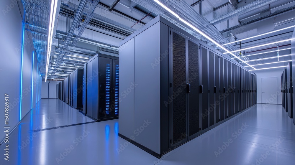 Aufkleber bright modern data center interior with rows of black server racks and ceiling cabling, ideal for cl