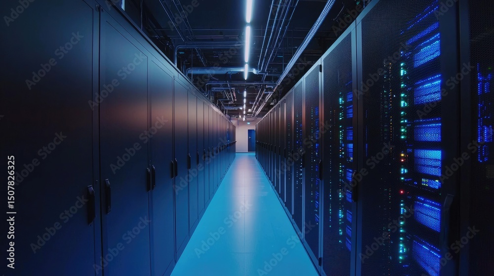 Fototapete modern data center with glowing blue server racks in a secure corridor, ideal for technology service