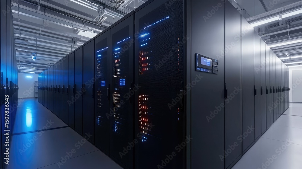Poster High security data center interior with rows of illuminated server racks and modern control panel, perfect for cloud systems, cybersecurity, and network technology visuals