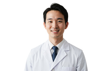 Young Asian male doctor in a white lab coat smiling confidently at the camera. Professional healthcare worker portrait on a transparent background. Medical expert.