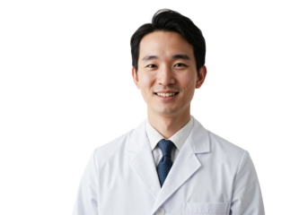 Young Asian male doctor in a white lab coat smiling confidently at the camera. Professional healthcare worker portrait on a transparent background. Medical expert.