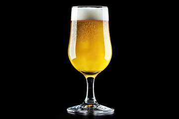 Tall glass of golden beer with foamy head and rising bubbles on black background, ideal for beverage branding, alcohol ads, bar menus, and brewing promotions