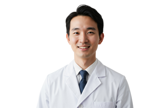 Young Asian male doctor in a white lab coat smiling confidently at the camera. Professional healthcare worker portrait on a transparent background. Medical expert.