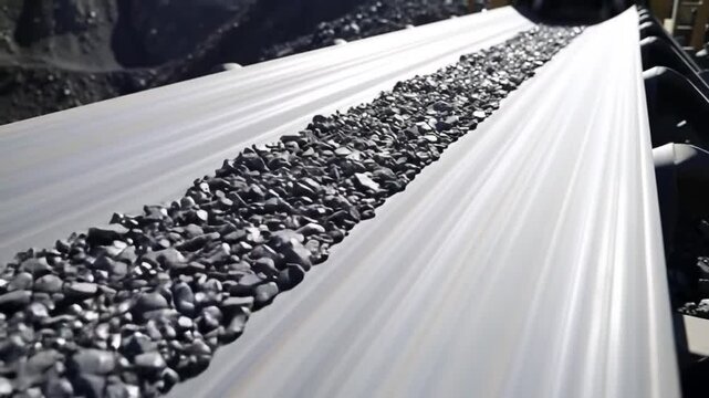 Conveyor belt transporting fragmented dark rock, industrial processing, motion blur, geometric lines.