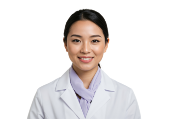 Portrait of a young smiling Asian female doctor in a white lab coat and scarf, looking at the camera against a transparent background. Professional healthcare worker.