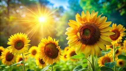 Obraz premium Bright sunflowers on the left against a vibrant green, sun-drenched background with lens flare. 