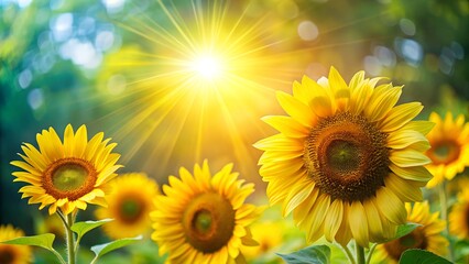 Obraz premium Bright sunflowers on the left against a vibrant green, sun-drenched background with lens flare. 