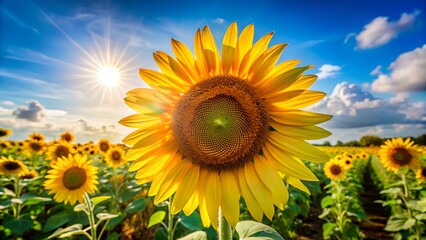 Obraz premium Close-up of a vibrant sunflower bathed in warm, golden light with lens flare. 