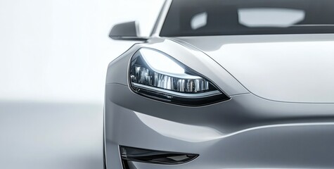 Fototapeta premium Futuristic electric vehicle headlight close-up with LED lights and metallic body on minimal background