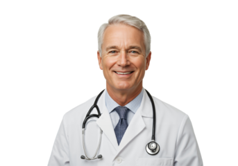 Portrait of a confident mature Caucasian male doctor in a white lab coat with a stethoscope, smiling warmly at the camera, isolated on a transparent background. Experienced healthcare professional.