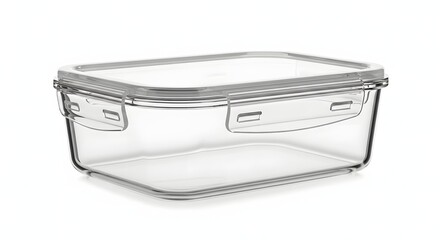 A glass food storage container with a secure lid, empty and clean, on a pure white background