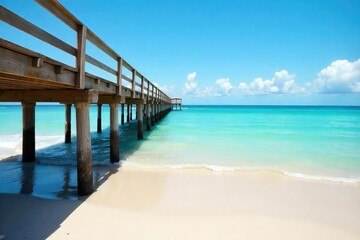 Tranquil scene of a dock extending into a serene beach, gentle waves lapping against the wood, sunlit sand and clear blue sky Perfect for travel, vacation, or relaxation themes , sun, pier