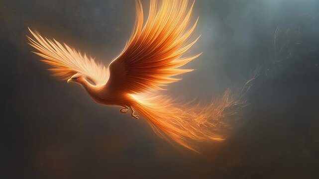 Ethereal phoenix soars through a smoky atmosphere, embodying power and rebirth