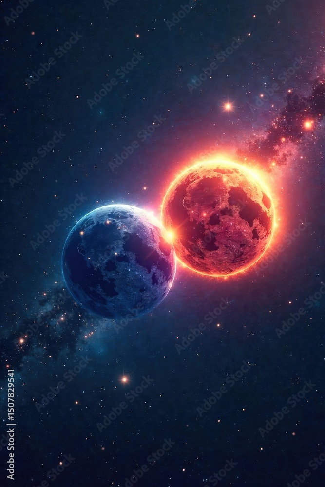 Wall mural two celestial bodies, mirror images, shine brightly against a deep night sky, their light intertwine