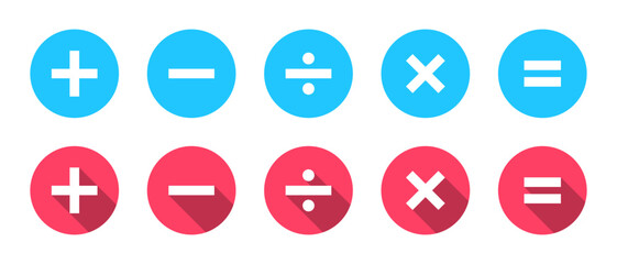 Basic math symbols icon with long shadow. Addition, subtraction, division, multiplication, and equation sign