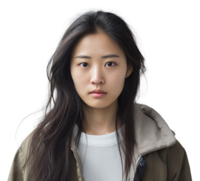 PNG Asian female student portrait disappointment contemplation.