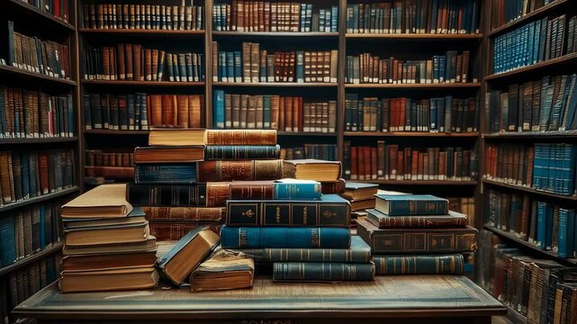 Vintage Library Collection: Shelves Stacked with Antique Books and Literature