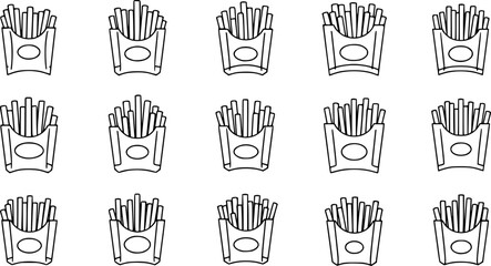 set of French fries line art, black outline, vector and illustration, coloring book page line art drawing
