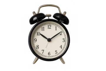 Vintage black analog alarm clock with silver bells and metallic feet, displaying 8:25 against transparent backdrop