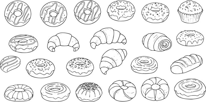 Naklejki candy donuts line art, black outline, vector and illustration, coloring book page line art drawing 