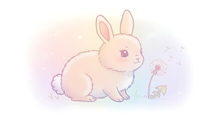 Obraz premium Adorable Pastel Bunny Rabbit Beside Dandelion Springtime Illustration Cute Animal Art