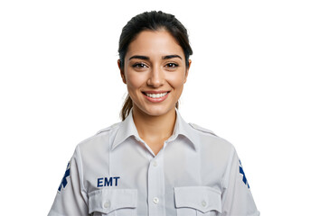 Portrait of a young Hispanic female EMT smiling confidently, isolated on transparent background. Emergency medical services professional.
