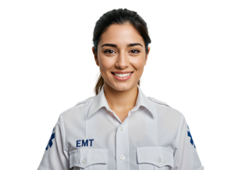 Portrait of a young Hispanic female EMT smiling confidently, isolated on transparent background. Emergency medical services professional.