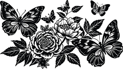 Elegant Black and White Floral Illustration with Butterflies Nature's Graceful Dance