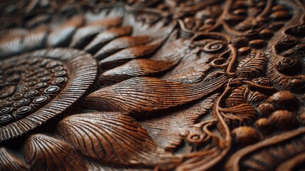 Intricate wooden carving showcasing detailed floral patterns.