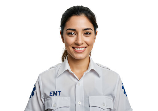 Portrait of a young Hispanic female EMT smiling confidently, isolated on transparent background. Emergency medical services professional.