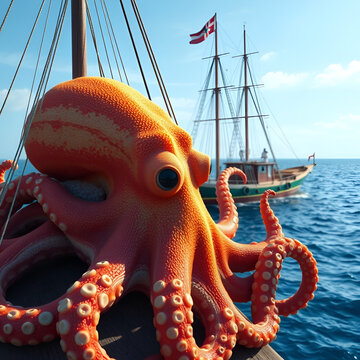 AI generated photo octopus next to a ship reck with blue ocean in background.