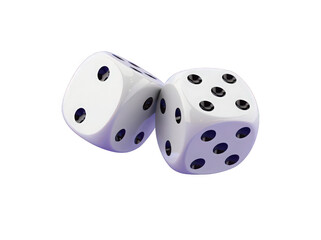Two white six-sided dice displaying random numbers in bright lighting.