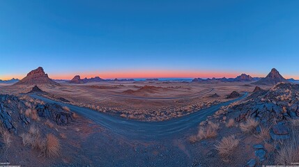 Panoramic vista of a desert landscape at dawn.