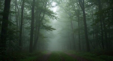 Obraz premium Mysterious Foggy Forest Path Enchanting Nature Trail in Misty Woods