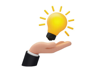 A cartoon hand holding a glowing light bulb, symbolizing ideas and creativity.