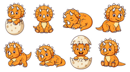 Seven cute Triceratops, ideal for childrens books, dinosaur themed products, and educational materials featuring playful and adorable characters.