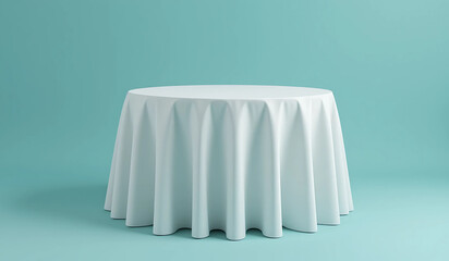 A pristine white tablecloth drapes a round table against a light teal background. Simple, elegant, and perfect for showcasing products or food.