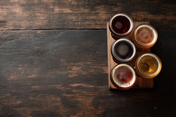 Top view of five craft beer glasses on wooden paddle over dark rustic table, ideal for brewery ads, pub promotions, bar menus, and beer tasting events