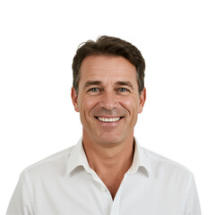 Portrait of a smiling middle-aged Caucasian man in a white shirt. Happy handsome professional looking at camera on transparent background. Confident adult male.