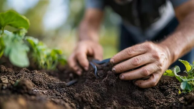 Gardener examines soil with healthy earthworms for ecological gardening