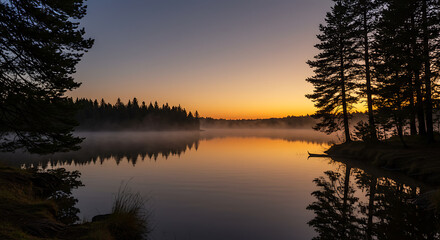 Fototapeta premium Serene Sunrise over Misty Lake with Silhouetted Pines and Reflections