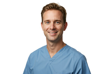 Fototapeta premium Portrait of a smiling Caucasian male doctor or nurse in blue scrubs. Friendly healthcare professional looking at camera, isolated on transparent background. Medical worker headshot.