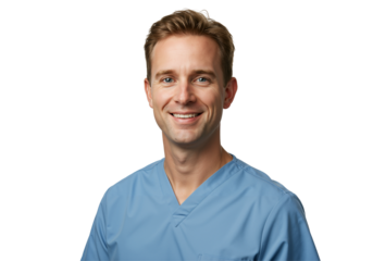 Portrait of a smiling Caucasian male doctor or nurse in blue scrubs. Friendly healthcare professional looking at camera, isolated on transparent background. Medical worker headshot.