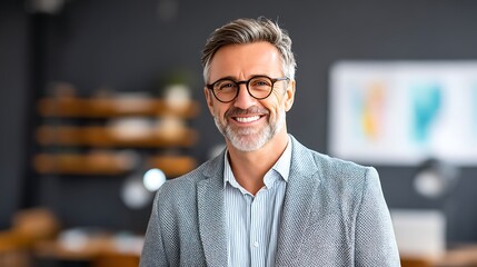 Businessman smiling after publishing blog article