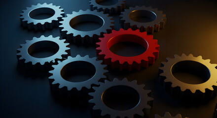 Close Up 3D Render of Metallic Gray Cogwheels with One Red Gear on a Dark Surface with Warm Overhead Lighting