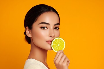 Model holding citrus fruit slice near mouth