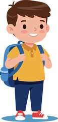 Obraz premium Boy carrying blue backpack wearing yellow shirt and red shoes standing vector illustration