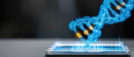 A glowing digital DNA strand emerges from a smartphone, symbolizing biotechnology and futuristic technology integration.