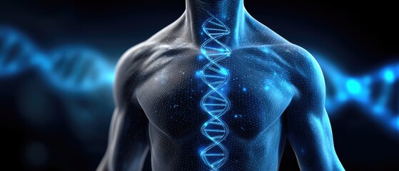 A glowing DNA helix overlays a human torso, symbolizing genetic science and biotechnology advancements.